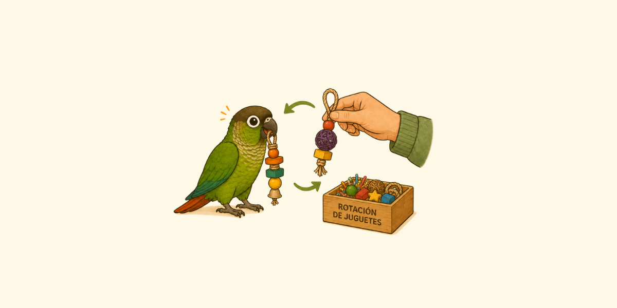 La rotación de juguetes en loros y por qué cambia el juego