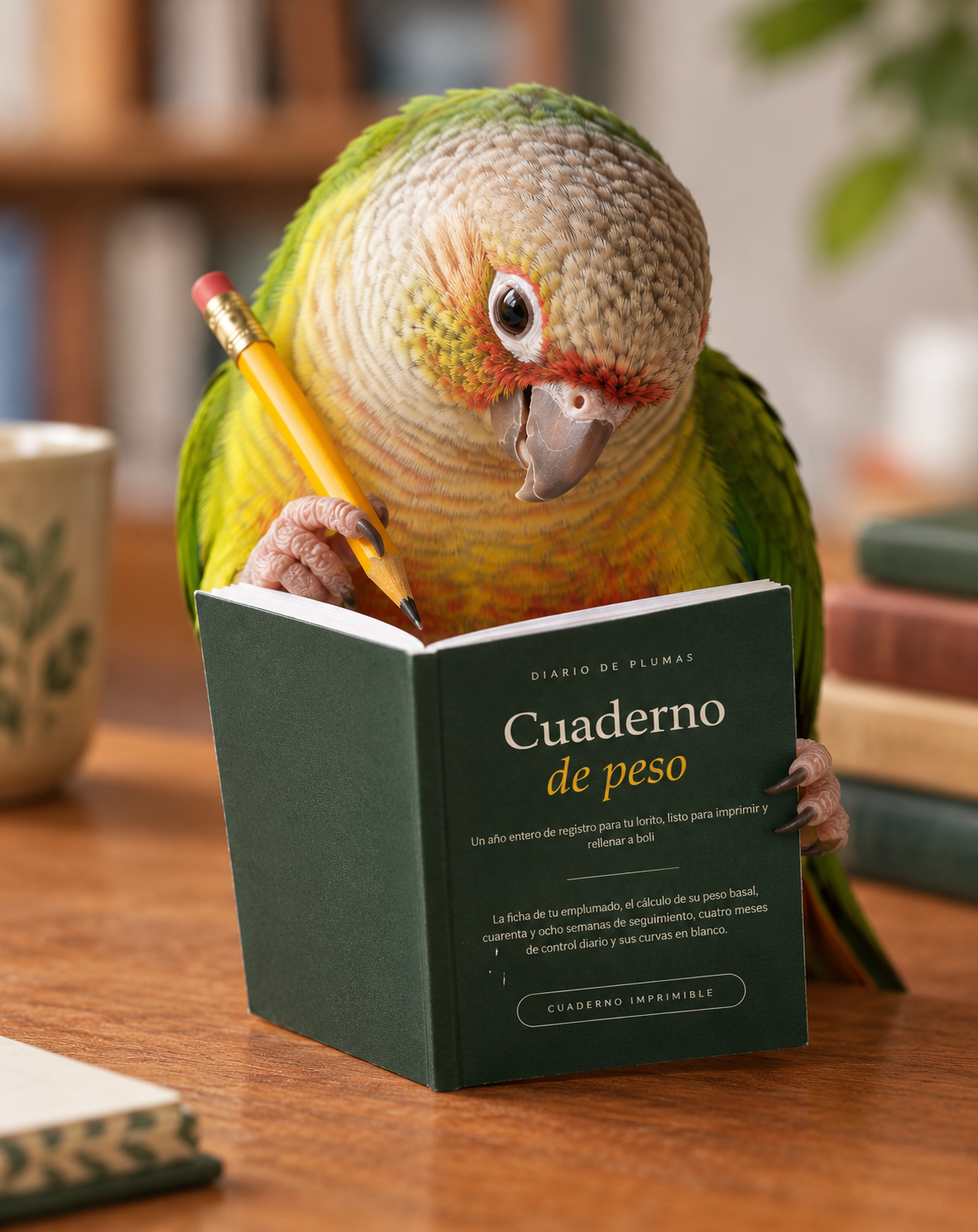Lorito junto al cuaderno de seguimiento de peso de Diario de Plumas