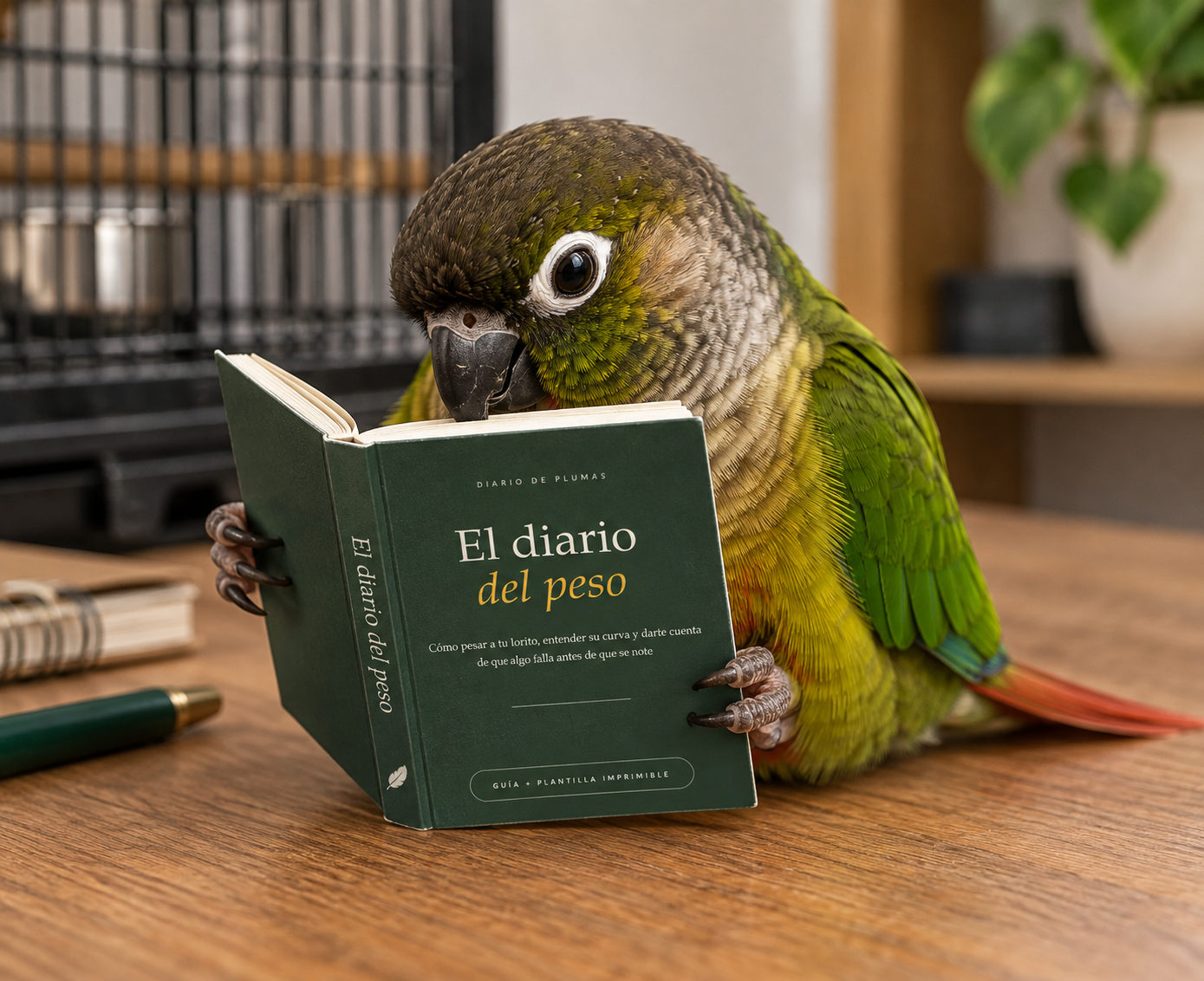 Tutor pesando a su lorito con una báscula digital de cocina y anotando el resultado