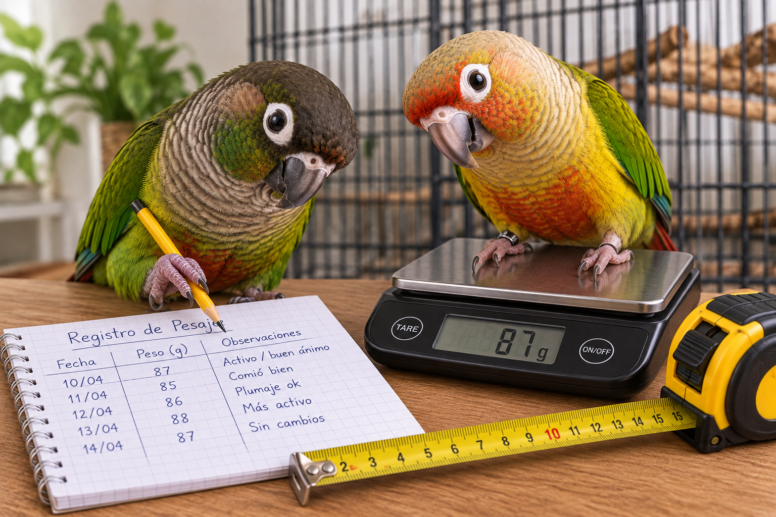 Seguimiento del peso de un loro con báscula y tabla de registro